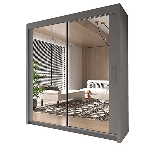 Moderno armario corredizo de espejo completo gris con estantes ajustables y rieles para colgar, muebles de dormitorio