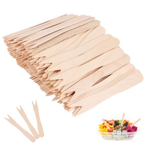 600 Stück Holzgabeln Einweg Biologisch Abbaubare Pommesgabeln aus Birkenholz (85mm) Umweltfreundliches Einwegbesteck für Party Picknick Camping & Grillen