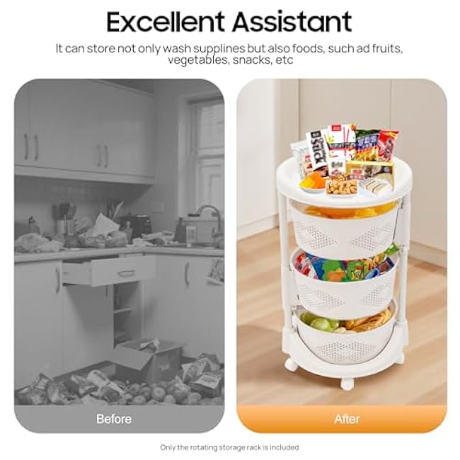 3-Tier Rotating Fruit Basket,Height Adjusted Storage Rack Cart with Brakes,White Round Basket Organizer on Wheels for Kitchens, Bathrooms, Balconies, Offices-LP0300M1