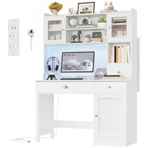 FirFurd Schreibtisch weiß, Schminktisch mit LED, Schreibtisch mit Schubladen, Computertisch mit 2 Steckdosen und 2 USB, Schminktisch ohne Spiegel, Tisch für Kinder & Jugendzimmer 120x48x165cm