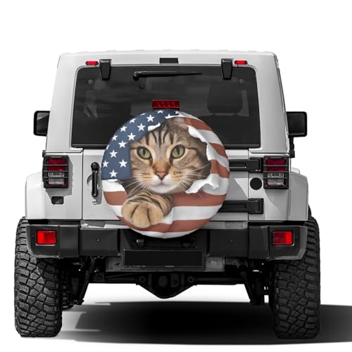 Image of Delerain American Flag Cat Spare Tire Cover for RV Trailer SUV Truck and Many Vehicle, Wheel Covers Sun Protector Waterproof (15 Inch for Diameter 27 inch-29 inch)