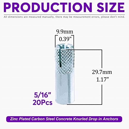 Swpeet 20Pcs 5/16 Inch Premium Zinc Plated Carbon Steel Concrete Knurled Drop In Anchors Assortment Kit, Expansion Screws Internal Forced Expansion Bolts For Solid Concrete #TOP1