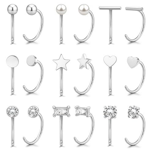 GEMQUEEN Silver Huggie Half Hoop Earrings Hypoallergenic Minimalist Tiny Cartilage Helix Earrings Jewelry Set 316L Surgical Steel Earrings with 5A CZ Pearl Heart Bar Star Ball Dot for Women