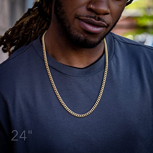 4mm 6mm Miami Cuban Link Chain 14K REAL Gold Plated 316L Stainless Steel Solid Necklace Bracelet for Womens Mens(Double Safety Clasp, Custom Box and Pouch Packing, Christmas Gift)3