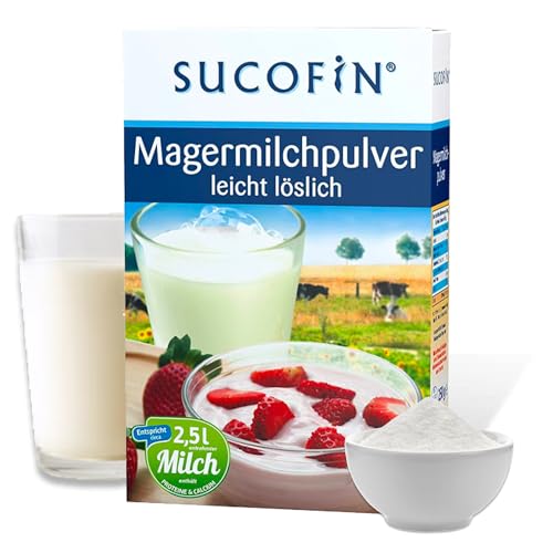 SUCOFIN Leche desnatada en polvo, 36 x 250 g, fácilmente soluble, rico en proteínas y calcio, ideal como blanqueador de café, para cereales, postres, perfecto para empresas, tiendas, clientes