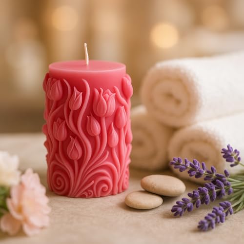 Image of Premium Scented Tulip Carved Candle - Handcrafted Decorative Scented Candle for Home Decor, Gifting & Romantic Ambience, Upto 25 Hours Burn time (Pink, Rose)