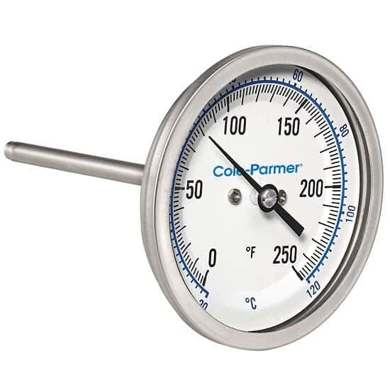 Cole-Parmer Industrial Bimetal Thermometer, 3” Dial, Back Connect, 12” Stem, 0/250F & -20/120C