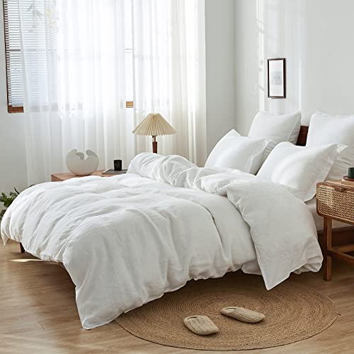 Simple&Opulence 100% Linen Duvet Cover Set 3pcs Basic Style Natural French Washed Flax Solid Color Soft Breathable Farmhouse Bedding with Button Closure - White, Queen by Simple&Opulence - Image 7