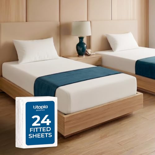 Image of 24-Pack Hotel Quality Twin Fitted Sheet for Resorts, White | Brushed Microfiber Bottom Sheets Only, Deep Pocket, Soft, Wrinkle, Shrink & Fade Resistant