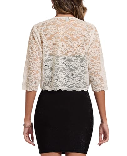 Image of MINTLIMIT Women's Elegant Floral Lace Shrug Bolero Summer Lightweight 3 /4 Sleeve Hook Open Front Cropped Cardigan for Dresses