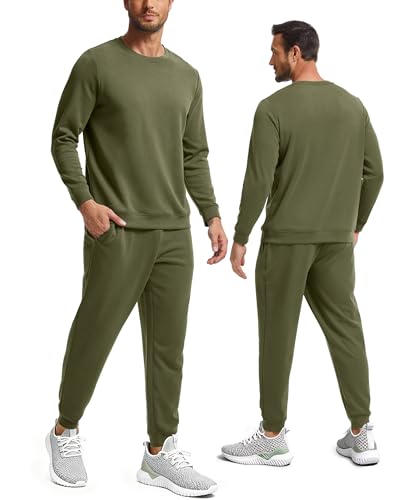 GYS Men's Modal Cotton Blend Long Sleeve 2-Piece Tracksuit, Olive, XL
