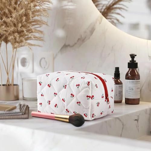 Image of Floral Quilted Makeup Bag - Cosmetic and Skincare Product Pouch, Fashionable Travel Puffy Coquette Makeup Bag, Small Cute Cherry Design