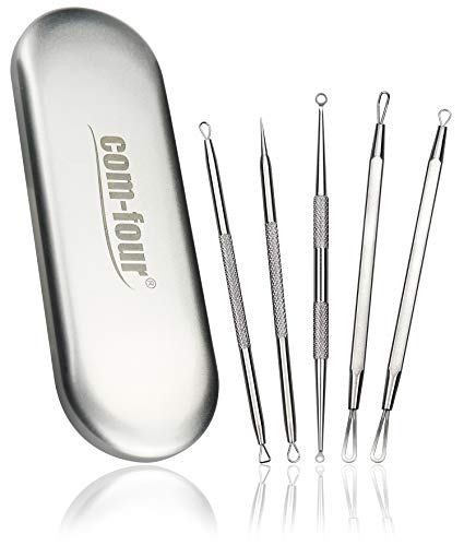 COM-FOUR® Juego de 5 piezas removedor de espinillas de acero inoxidable-Para el tratamiento del acné y los puntos negros