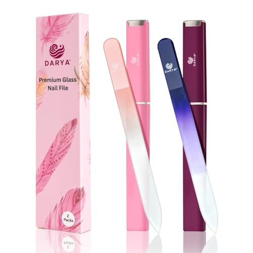 DARYA Crystal Glass Nail File Set (2 Pack) with Protective Case Premium Double-Sided Etched Glass Fingernail Files for Natural Nails Gentle Nail Care Manicure Tool for Women & Men