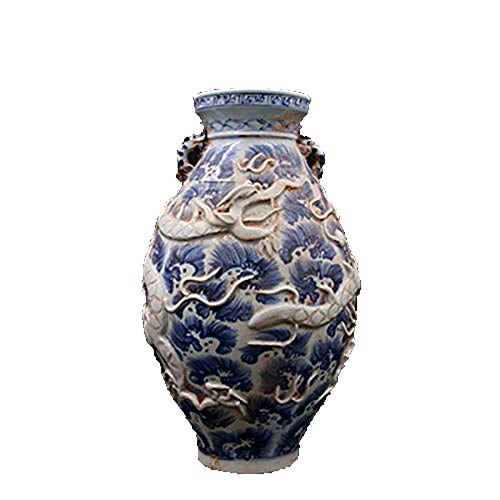 Fashion158 Dayuan blauw wit reliëf zee draak patroon taille drum fles oude imitatie aarde oud porselein antiek collectie ornamenten