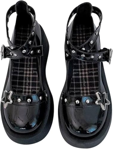Goolecrimp Zapatos Mary Jane estilo Harajuku Kawaii para mujer, zapatos estilo gótico Lolita con plataforma y hebilla en forma de corazón, zapatos Mary Jane de tacón grueso (Negro,39)