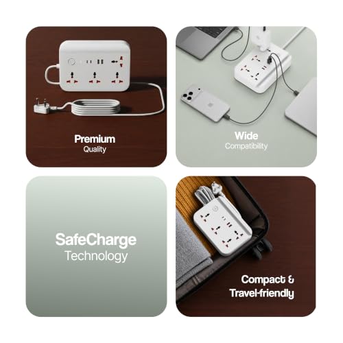 Image of Ambrane Extension Board, 2 Type C, 2 USB, 4 International AC Sockets, Mobile Stand, 2500W Output, Surge Protection, Child Safety, 1.2m Long Cable for Office, Home Appliances (Smartstrip 6, White)