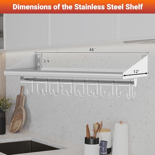 Image of Skyflame 12 inch x 48 inch Stainless Steel Shelf Wall Mounted with 8 Hooks