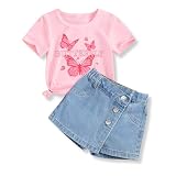 Voxikodex Size 7 8 Years Girls Clothes 2 Piece Cute Butterfly Print Short Sleeve Tee Tops & Jean Skirt Shorts Set Fashion Kids Girls Summer Vacation Outfits Set Pink(7-8Y)