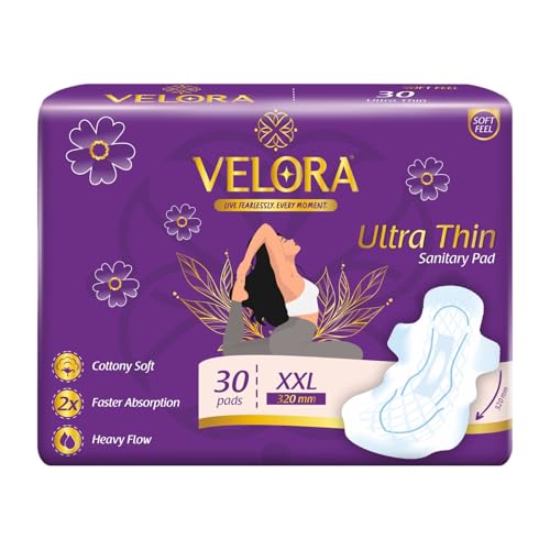 Image of Velora Ultra Thin Trifold Sanitary Pads for Women and Girls, 2X Absorption, Skin Friendly, Heavy Flow, Double Flaps, Cotton-y Soft, Wider Back Sanitary Napkins, 320mm Size, 30 Pads