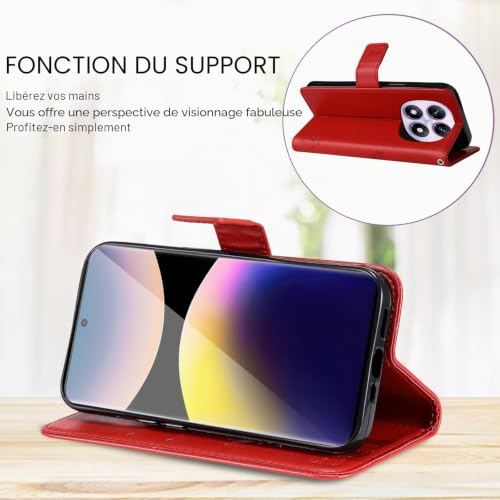 Oududianzi - Coque pour Xiaomi Redmi Note 14 Pro 5G / Poco X7 5G Étuis Rabat Folio Protection Housse Cuir PU Portefeuille Silicone [Fermeture Magnétique][Emplacements Cartes][Stand Feature]-Rouge – vue 3