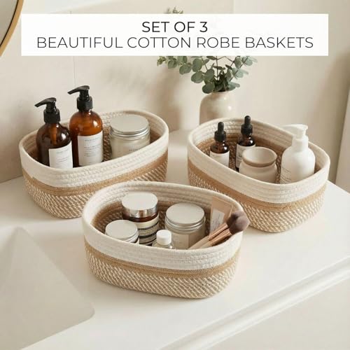 Image of 100% Natural Jute small box mini rope paper storage Round hamper baby nursery tray bucket for Living Kitchen, Office, Drawing Room,fruits, kitchen, office, Set of 3 (white beige 3 set)