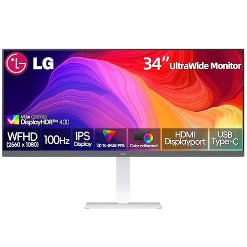 Image of LG 34 Inch UltraWide Monitor, 21:9 WFHD (2560 x 1080) IPS Display, 100Hz, VESA DisplayHDR 400, FreeSync, Flicker Safe, USB Type-C, HDMI, DisplayPort, Speakers, VESA Mount, Home Office Computer,Black