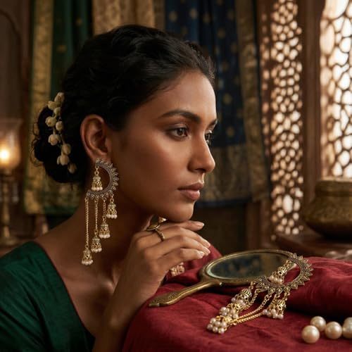 Image of WORLD CRAZE Multicolour long kashmiri jhumka for women chandbali earrings chand baliyan | kashmiri earrings for women | bahubali earrings stylish | Traditional Indian Festive Jewelry | Long Chain Tassels | Pearl Drop Latkan Jewellery (Multi colour)