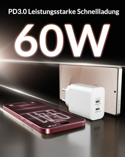 60W 2-Port USB C Ladegerät mit Ladekabel für iPhone 18 Pro Max Duo 17 16 15 – Ansicht 2