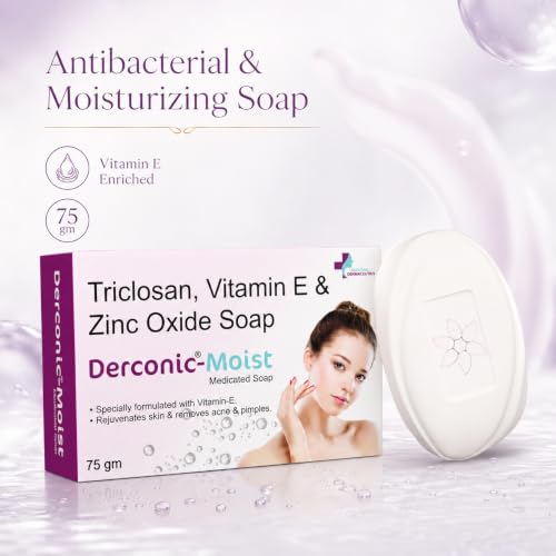 Image of Derconic Moist Antibacterial Soap with Triclosan, Vitamin E & Zinc Oxide | Acne & Pimple Removal Moisturizing Medicated Soap for Men & Women | 75 gm