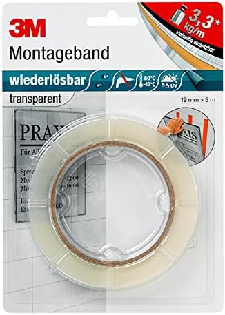 3M Removable Mounting Tape, double sided mounting tape for indoor and outdoor applications, 19 mm x 5 m, thickness 0.8 mm, transparent (1 Roll)