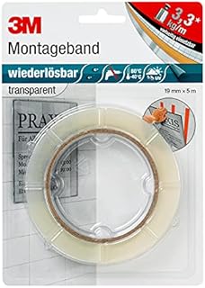 3M Removable Mounting Tape, double sided mounting tape for indoor and outdoor applications, 19 mm x 5 m, thickness 0.8 mm, transparent (1 Roll)