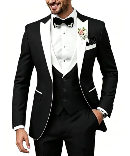 Black White Homcoming Suits for Men Classic 3 Pcs Peak Suit Wedding Prom M