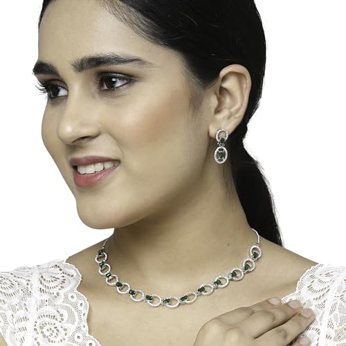 Image of ZENEME Rhodium-Plated American Diamond Studded Disc-Shaped Necklace With Earrings Jewellery Set For Girls and Women
