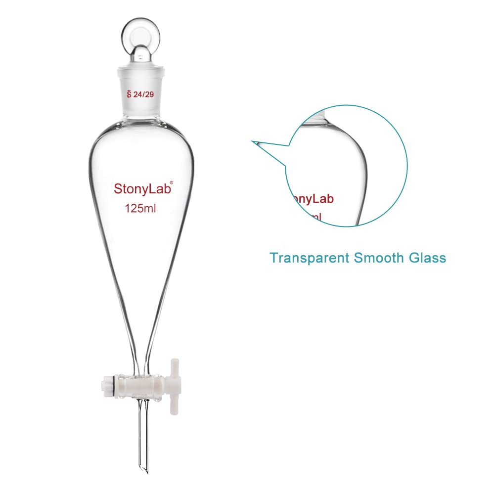 stonylab PTFE Stopcock Separatory Funnel 125 ml, Borosilicate Glass Heavy Wall Conical Pear-Shaped Funnel with 24/29 Joint