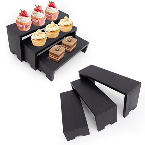 Varbonia 6-Piece Wood Display Risers Set - 2 x 3-Tier Rectangular Stands, Layered Aesthetic Shelves for Cupcakes, Jewelry, Craft Displays, Ideal for Funko Pops