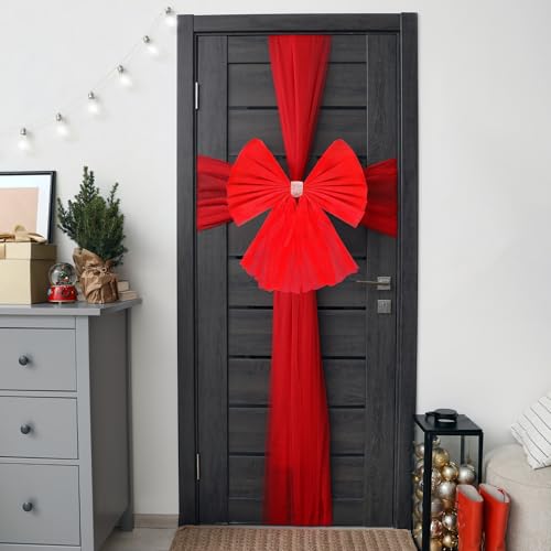 REDSTAR Giant Red Christmas Door Bow Kit Large Outdoor Christmas Decorations - Giant Red Front Door Bow with Diamante Detail - Large Outside Xmas Decorations for Front Porch