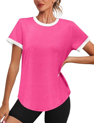 Image of Womens Workout Tops Summer Short Sleeve Shirts Athletic Color Block Gym Clothes Outfits Sun Protection UPF 50+ T Shirts