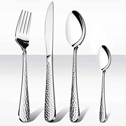16 Pieces Cutlery Set, HaWare Stainless Steel Hammered Flatware Cutlery Silverware for Home/Office/Party/Camping, Knife Fork Spoon Eating Utensils Set Service for 4, Mirror Polish & Dishwasher Safe