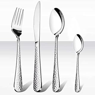 16 Pieces Cutlery Set, HaWare Stainless Steel Hammered Flatware Cutlery Silverware for Home/Office/Party/Camping, Knife Fork Spoon Eating Utensils Set Service for 4, Mirror Polish & Dishwasher Safe