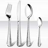 HaWare 16 Pieces Cutlery Set, Stainless Steel Hammered Flatware Silverware for Home/Office/Party/Camping, Knife Fork Spoon Eating Utensils Service for 4, Mirror Polish & Dishwasher Safe
