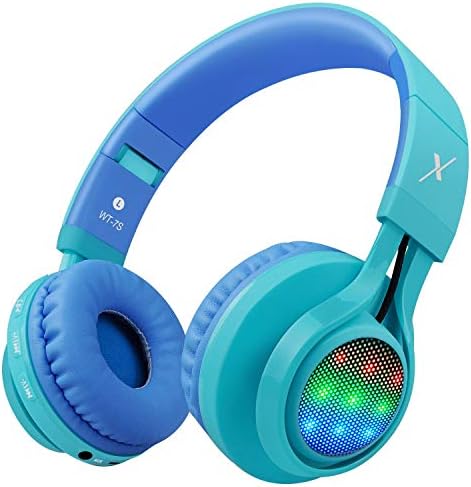 Riwbox Kids Bluetooth Headphones, WT-7S LED Light Up Foldable Stereo Wireless&Wired Kids Headphones with Microphone for School/PC/iPhone/TV/iPad/Tablet (Blue&Green)