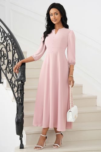 Image of FANDEE Maxi Dress for Women Casual 3 /4 Sleeve V Neck Semi Formal Fit and Flare Dress Classy High Waist Wedding Guest Dresses