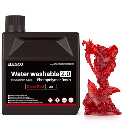 ELEGOO Upgraded Water Washable 3D Printer Resin 2.0, 405nm UV-Curing 3D Resin with Lower Shrinkage and Higher Precision for LCD 3D Printing Clear Red 2000g