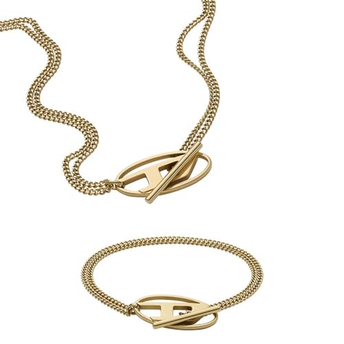 Image of Diesel Men's Oval D Logo Gold-Tone Stainless Steel Necklace and Bracelet, Set