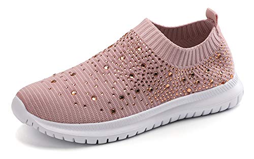 Women's Mesh Walking Shoes Rhinestone Glitter Slip On Ballroom Jazz Latin Dance Sock Sneakers Pink 11