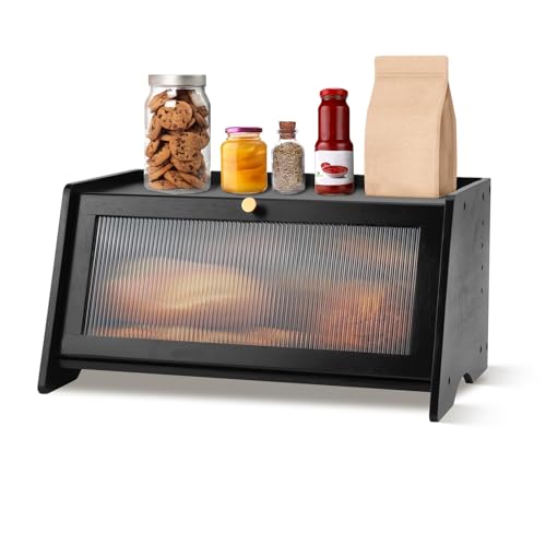 Boîte à pain en bambou pour comptoir de cuisine, grande capacité, style ferme, avec fenêtre transparente, support à pain vintage pour bagels, muffins, cupcakes et biscuits,Noire