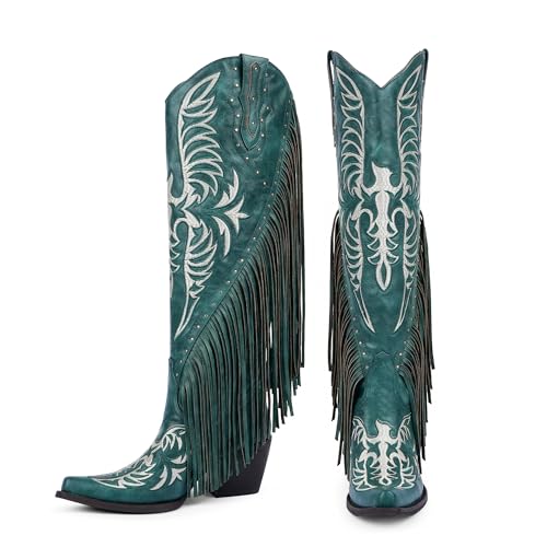 QIY Green Embroidered Cowgirl Boots for Women Fringe Cowboy Boots Embroidered Pointed Toe Chunky Heel Western Knee High Boots Size 7.5 by QIY - Used condition - Image 3