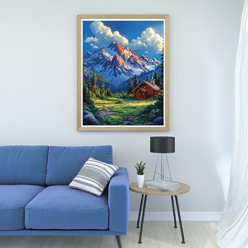 Image of 14ct Cross Stitch Printed Stamped Kits for Beginners Adults Mountain Trees House Counted Cross Stitch Pattern Needlepoint kit (Mountain 2)