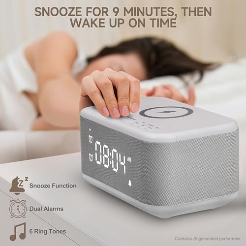 Alarm Clock Speaker Wireless Charger, Digital Alarm Clocks Bedrooms Bluetooth, Alarm Clock Dimmable Light Bedrooms Dual Alarm Snooze Dimmer 12 24H RGB Night Light Bluetooth USB AUX, Gray - Image 4